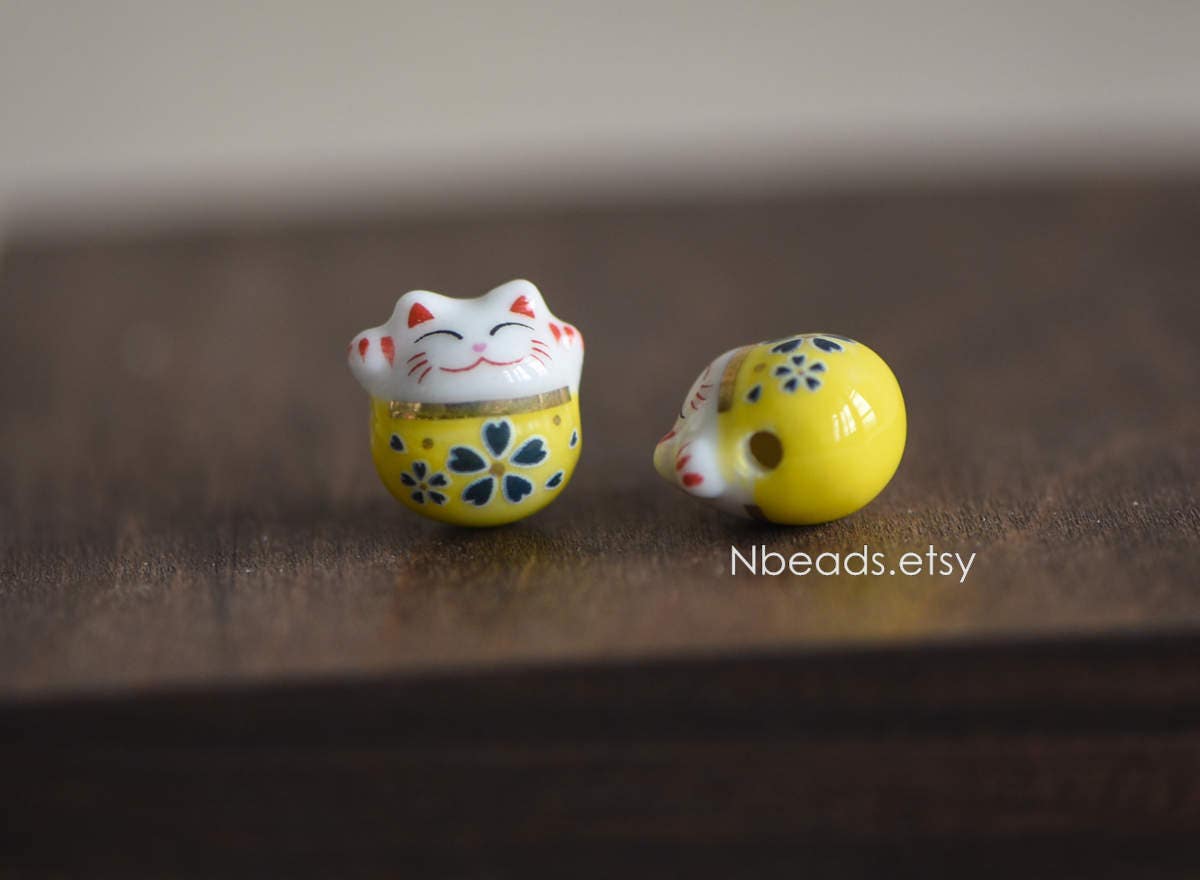 10pcs Porcelain Lucky Cat beads 15mm, Ceramic Maneki Neko, Large Hole Drilled, Yellow Pink Kawaii Cat Beads -(TC-152)